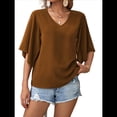 thumbnail image 2 of Blusas de Verano para Mujer, Elegantes, Informales, con Mangas 3/4 y Cuello en V, para Trabajo y Negocios Marrón Oscuro M, 2 of 7