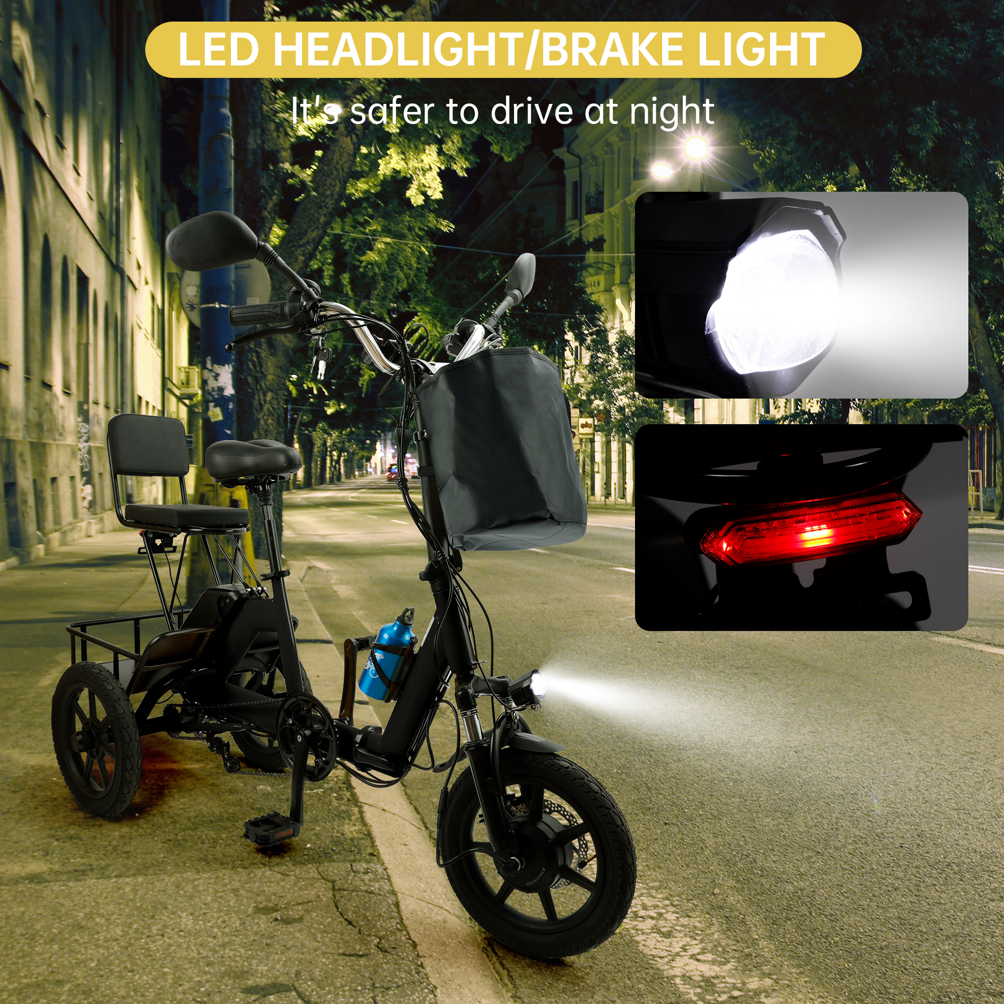 ARTUDATECH Foldable 3 Wheel Electric Tricycle 350W 48V Electric Trike with Front & Rear Basket for Men Women Adult Senior Black UL2849