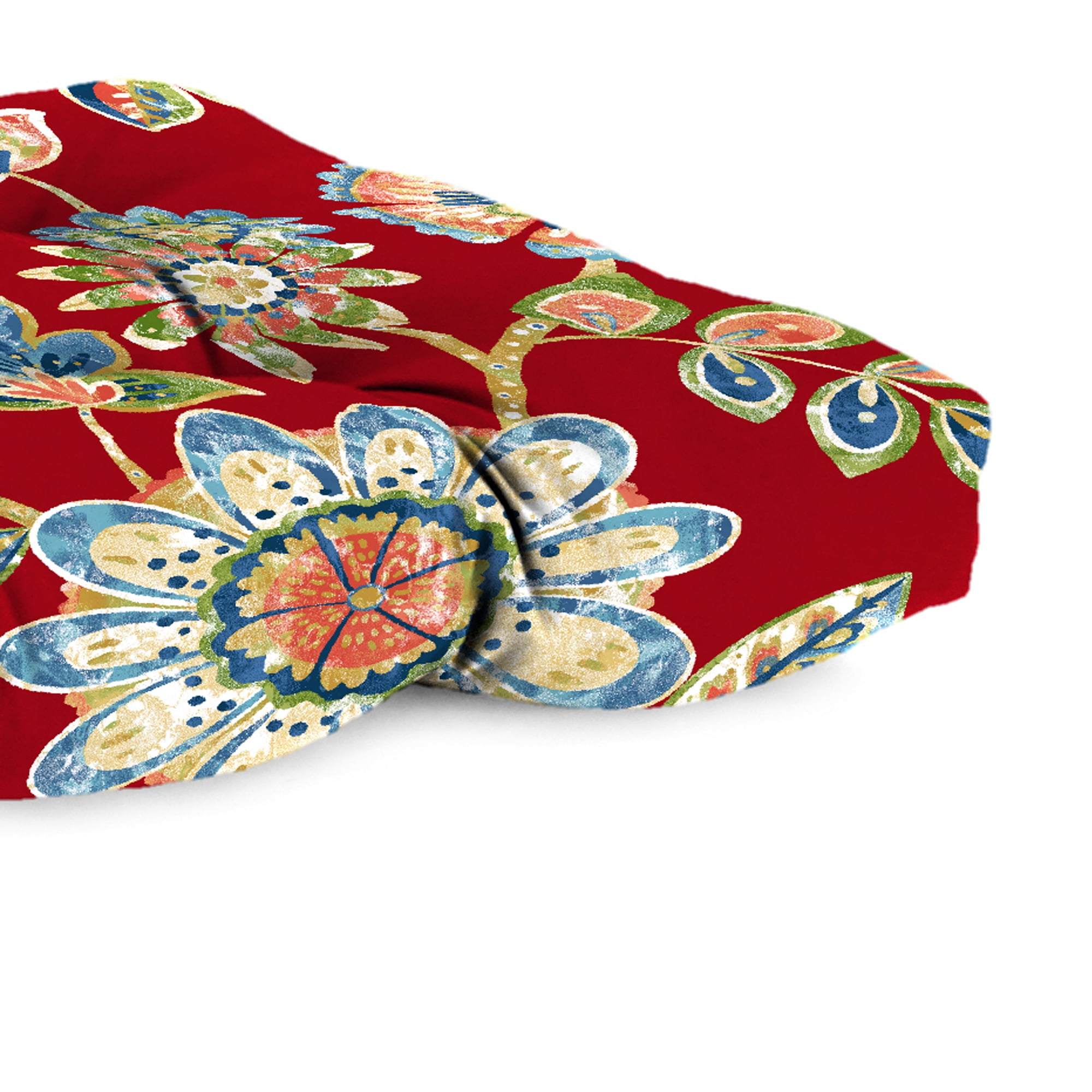 Jordan Manufacturing 44" x 18" Daelyn Cherry Red Floral Rectangular Tufted Outdoor Wicker Settee Bench Cushion with Rounded Back Corners