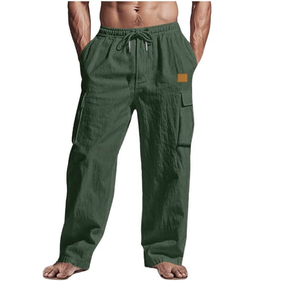 Mens Cotton Linen Cargo Pants Summer Beach Baggy Pants Wide Leg Drawstring Lounge Trousers Big and Tall Size S-3XL Army Green