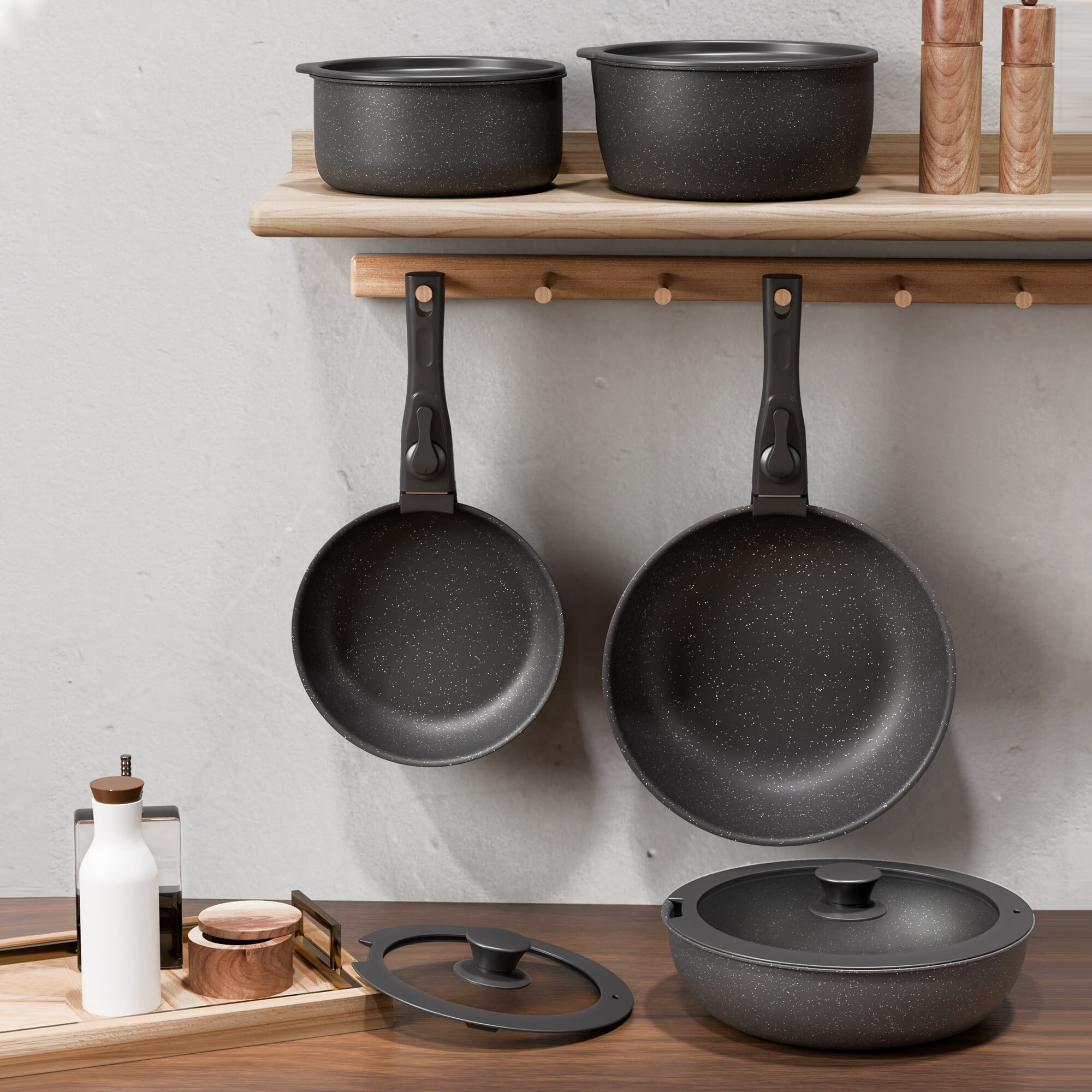 Fenbeli 18 Pcs Pots and Pans Set Nonstick,Ceramic Cookware Set with Pots Protectors and Cooking Utensils,Black