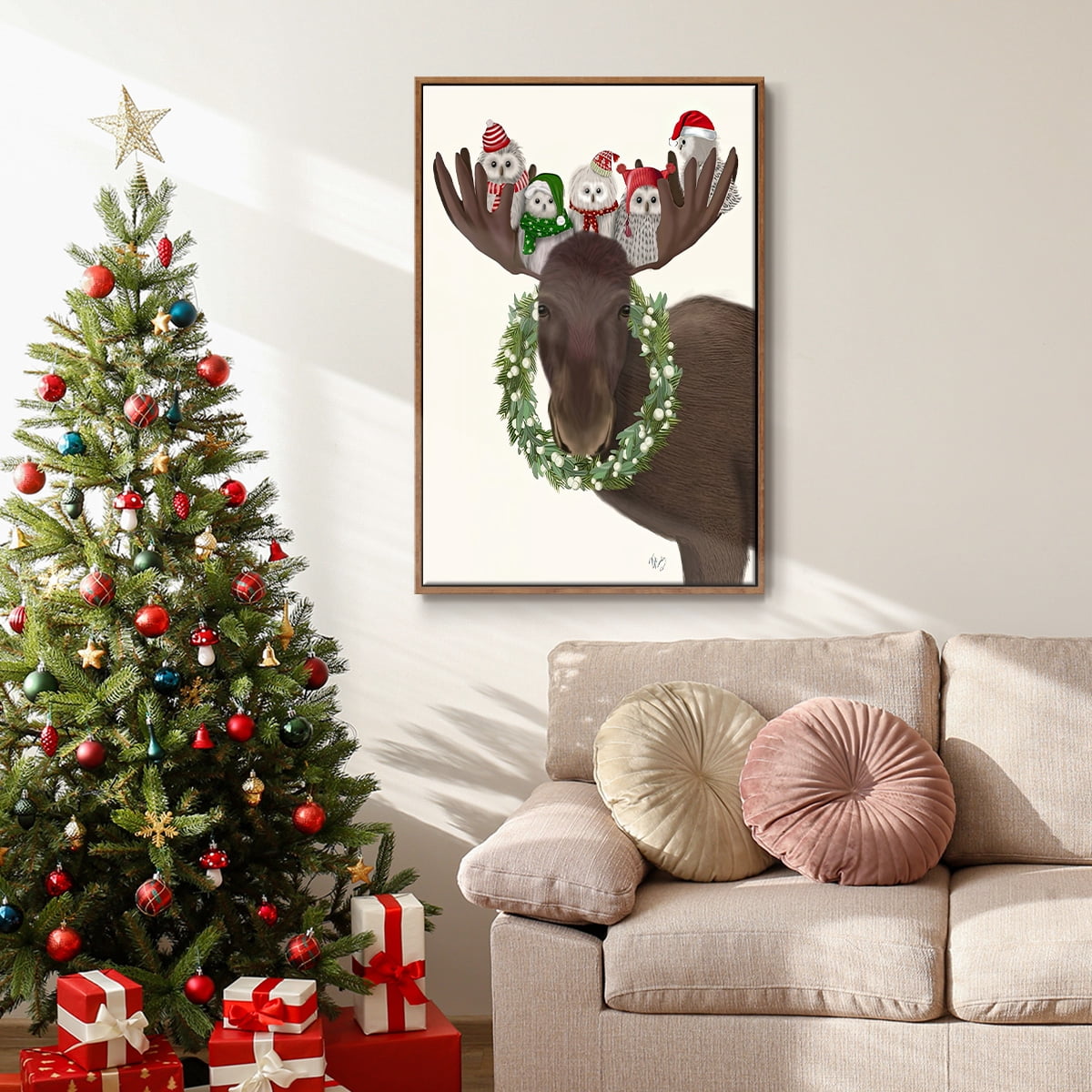 Christmas Moose and Christmas Owls - Framed Gallery Wrapped Holiday Canvas - 27 x 41 - Rosewood Frame