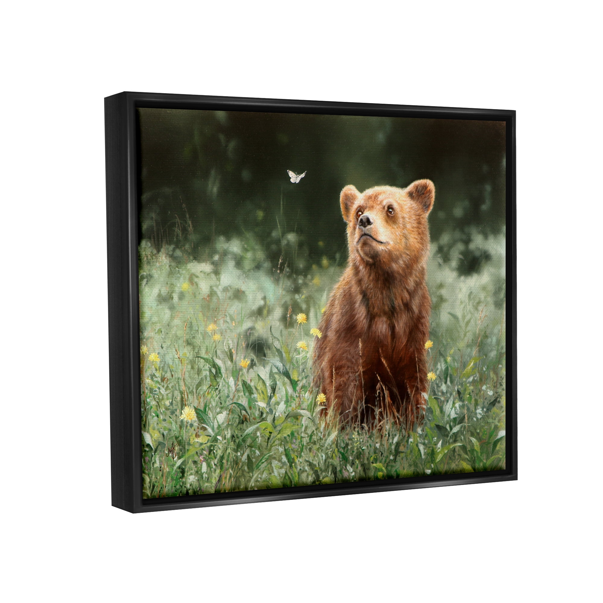 Stupell Industries Bear & Butterfly in Meadow Animals & Insects Photography Black Floater Framed Art Print Wall Art, 21 x 17