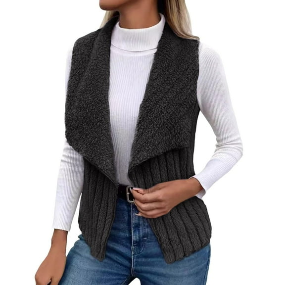 jtjvou Women's Fuzzy Fleece Cardigan Vest Fashion Collar Sleeveles Cropped Solid Color Jacket Cozy Open Front Outwear Black XXL