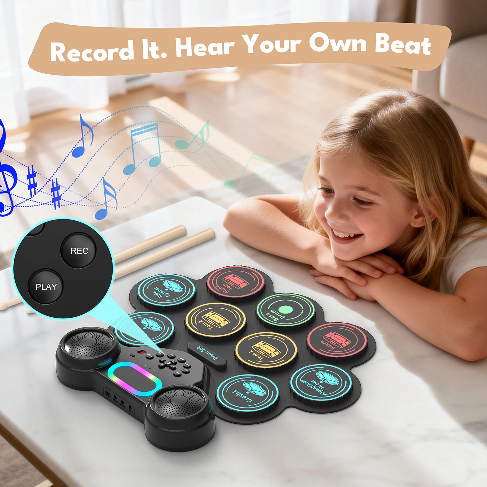 Lvelia Electronic Drum Sets Kit Roll Up Potable Drum Kit for Kids Adults MIDI Practice Drum Pad with Dual Built-in Speaker,Drum Sticks and Pedals
