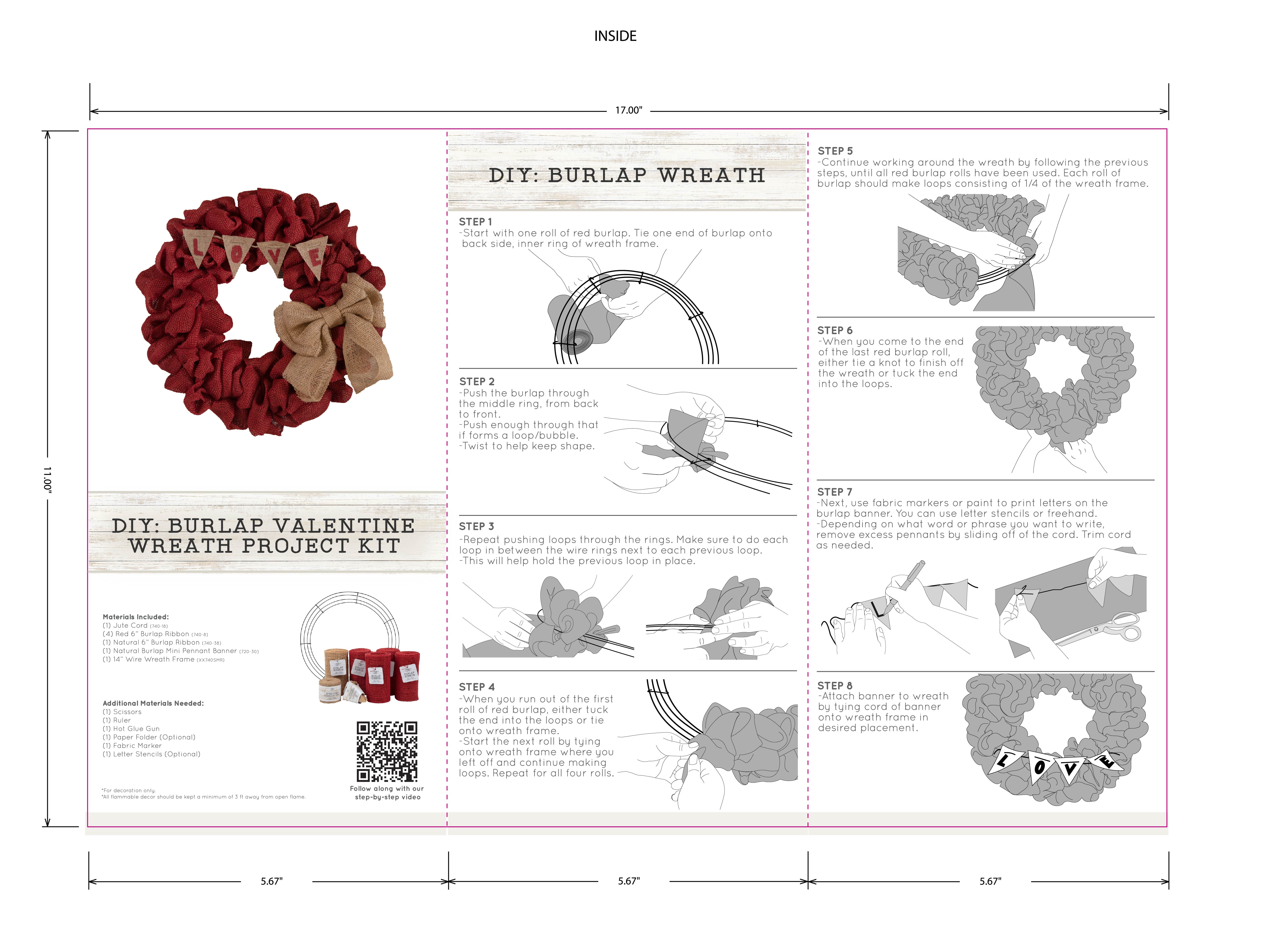 Love, Laugh, Craft 18" Dia. Valentine Love Burlap Wreath Project Kit, Precut, Red/Beige