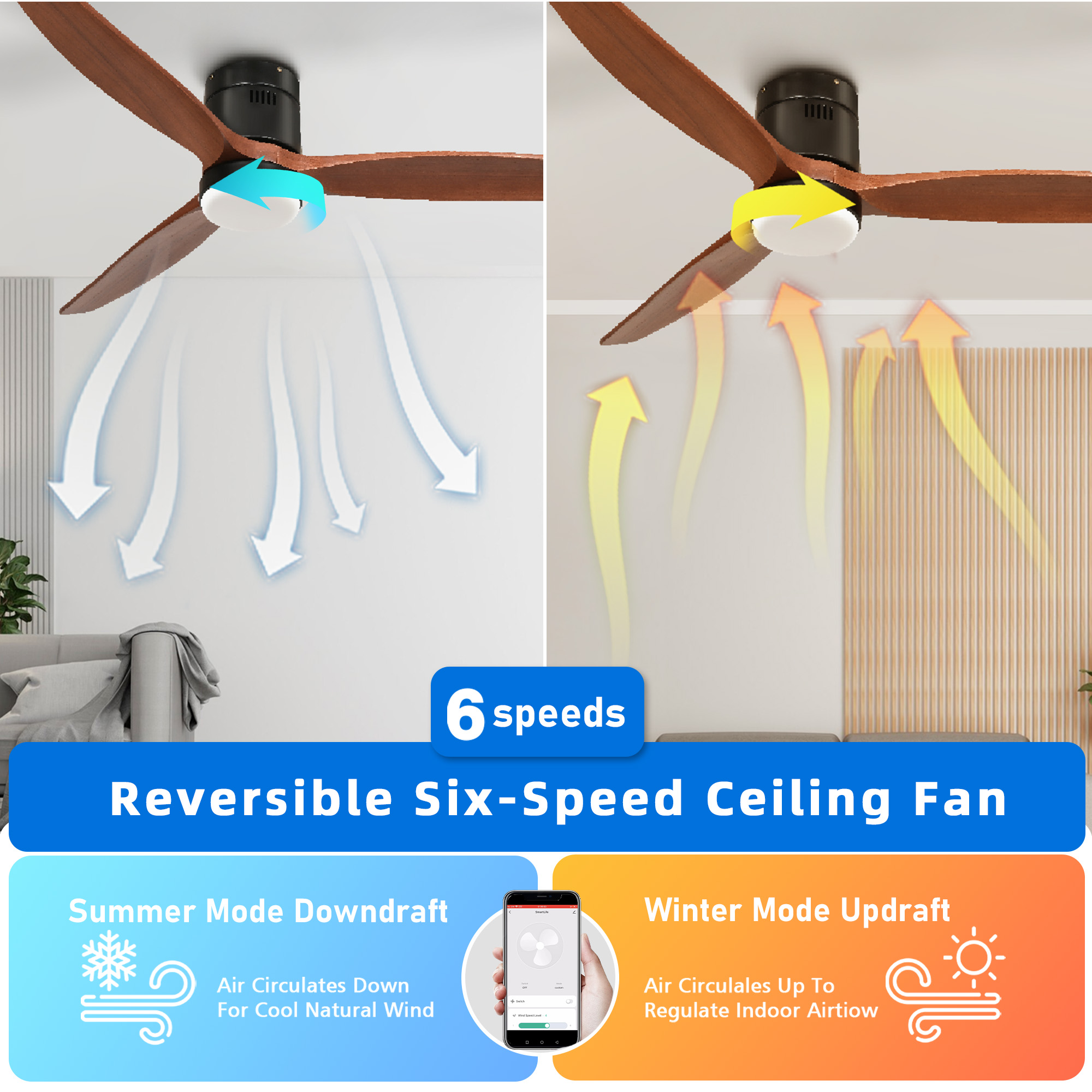 Uforic 52 Inch Low Profile Ceiling Fan with Lights Remote with Alexa, Flush Mount Ceiling Fan with 6 speeds - Black & Walnut