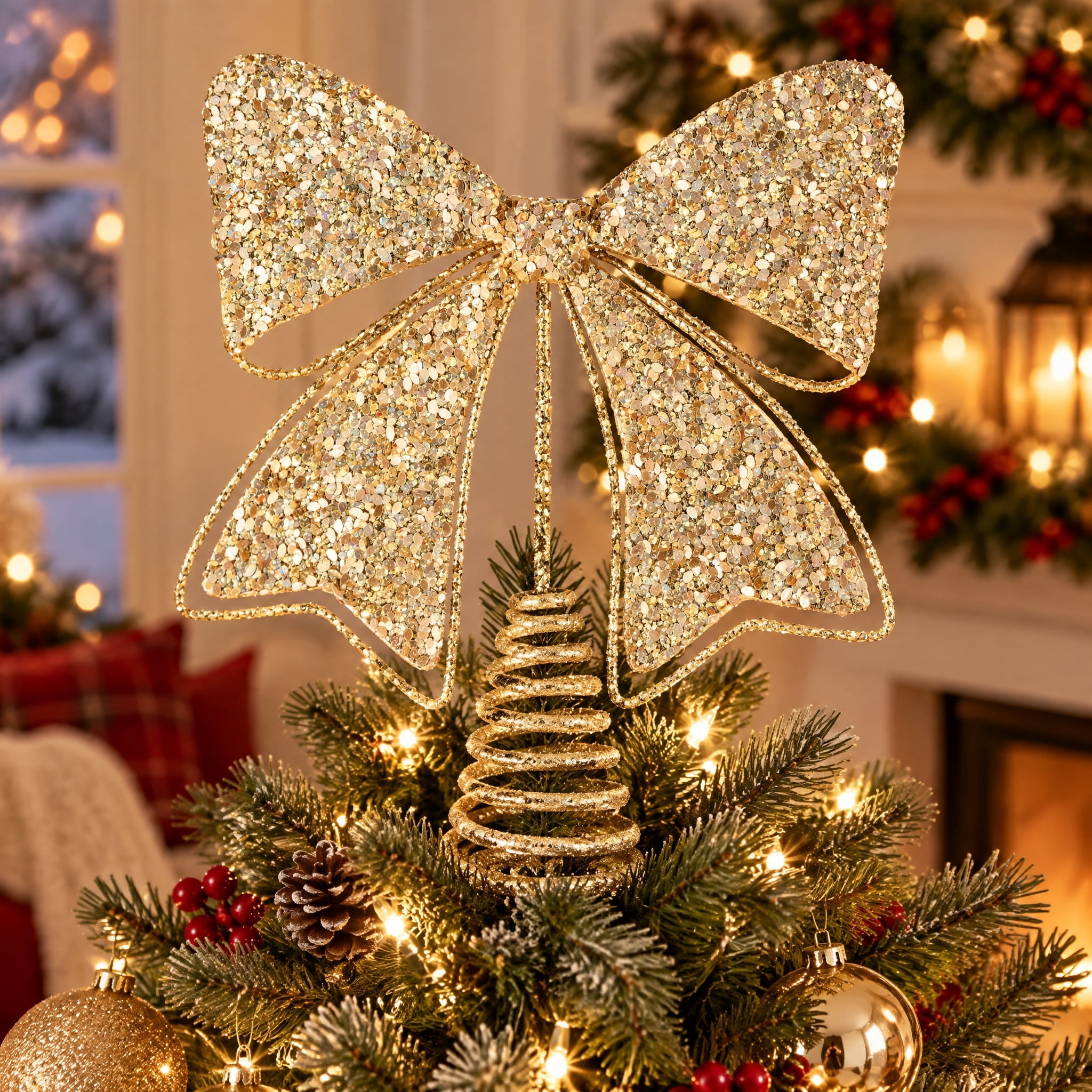Metal Chunky Glitter Bow Christmas Tree Topper, Gold, 11", by Holiday Time