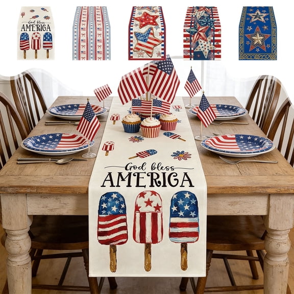 AZXY 4th of July Table Runner, Patriotic God Bless America Popsicle Print, Red White Blue Independence Day Memorial Day Decor for Home Kitchen Dining Party Centerpiece, 13x72 Inch