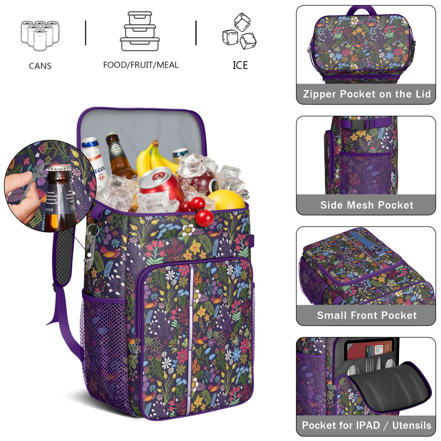 Travel Cooler Bag - Pioneer Flower Floral Print Pattern Camping Beer Cooler Backpack with Bottle Opener- Waterproof Insulated Picnic Backpacks - Cooler Bag for Beach