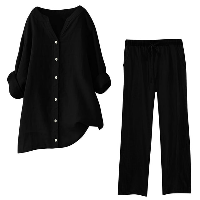 Yuyuzo Plus Size Lounge Sets for Women 3/4 Sleeve Button down Blouses Drawstring Pants with Pockets