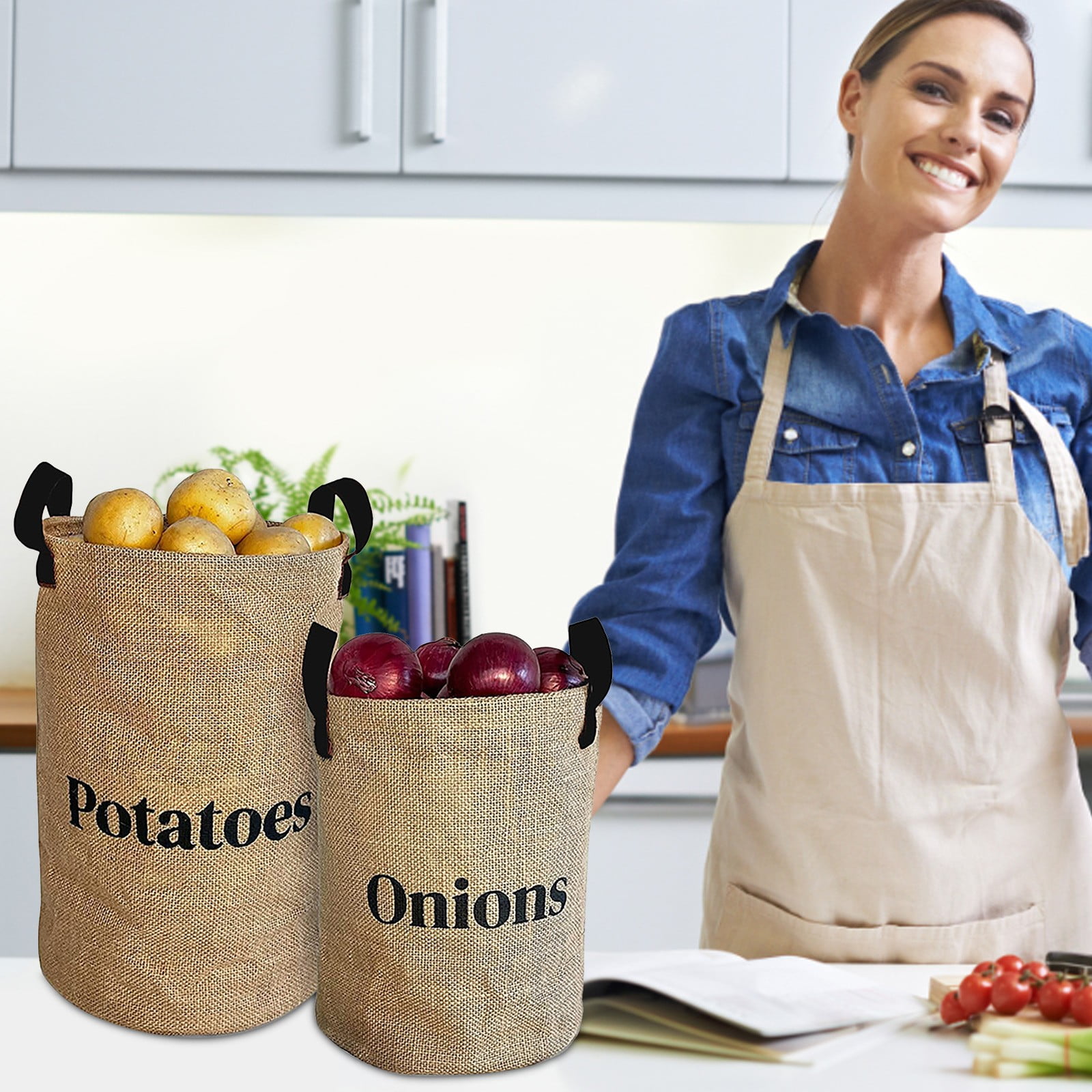 Breathable Jute Produce Storage Bags - Reusable Mesh Pouches for Potatoes, Onions and Root Vegetable Preservation in Pantry Closets(Khaki)