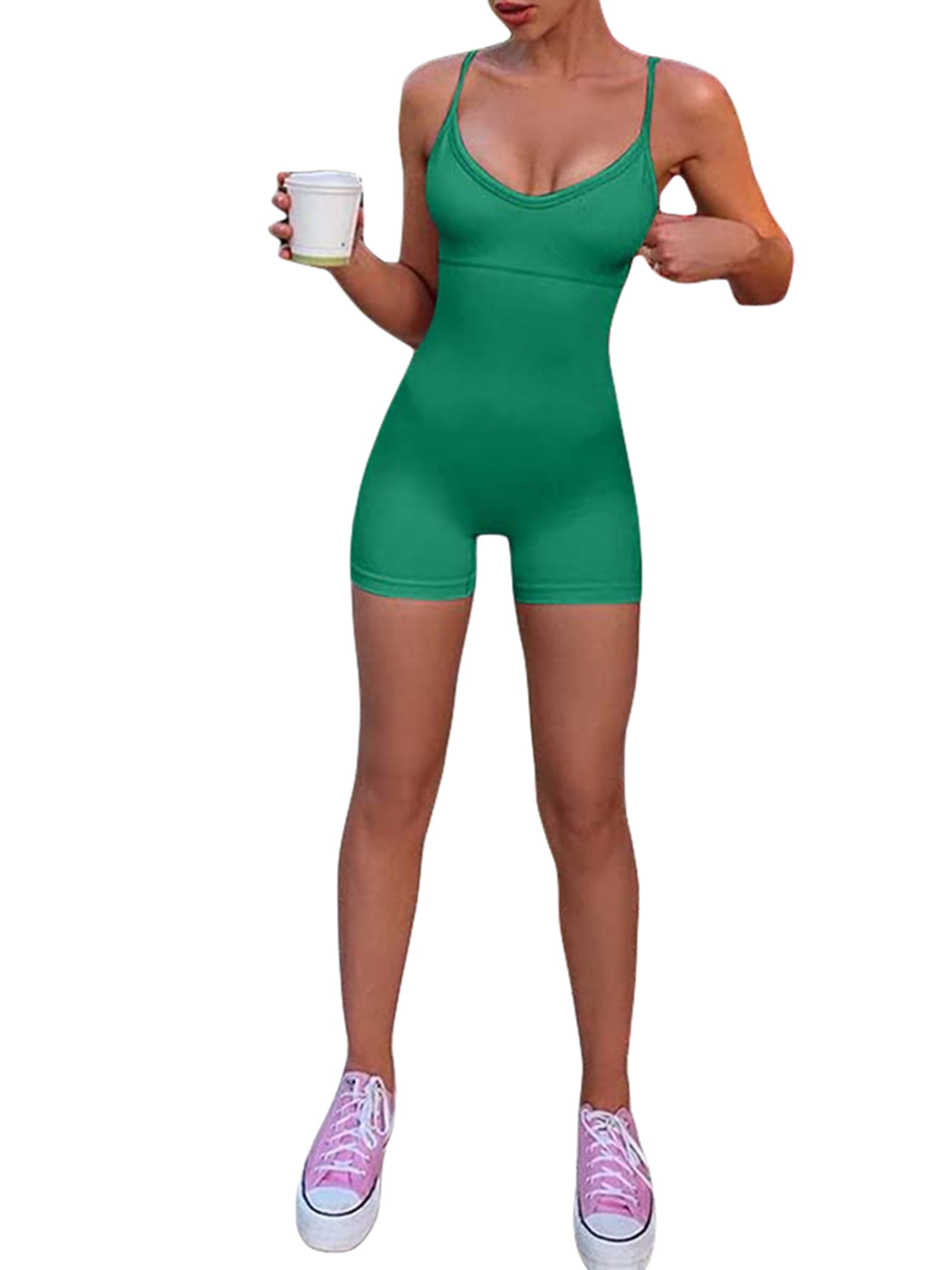 Sleeveless Tank Tops Short Romper for Women Spaghetti Strap Sports Jumpsuit  Bodysuit One Piece Short Yoga Fitness Catsuit 