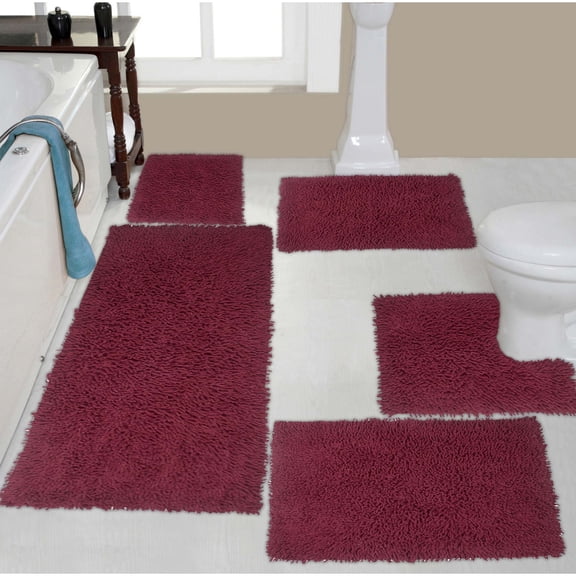 Home Weavers Fantasia Bath Rug 100% Cotton Non-Slip Bathroom Rug Set Machine Washable Bathroom Rug, Bath Rug, Bathroom Rug, Runner, U Shaped Contour, Red Color 5 Piece Bath Rug set