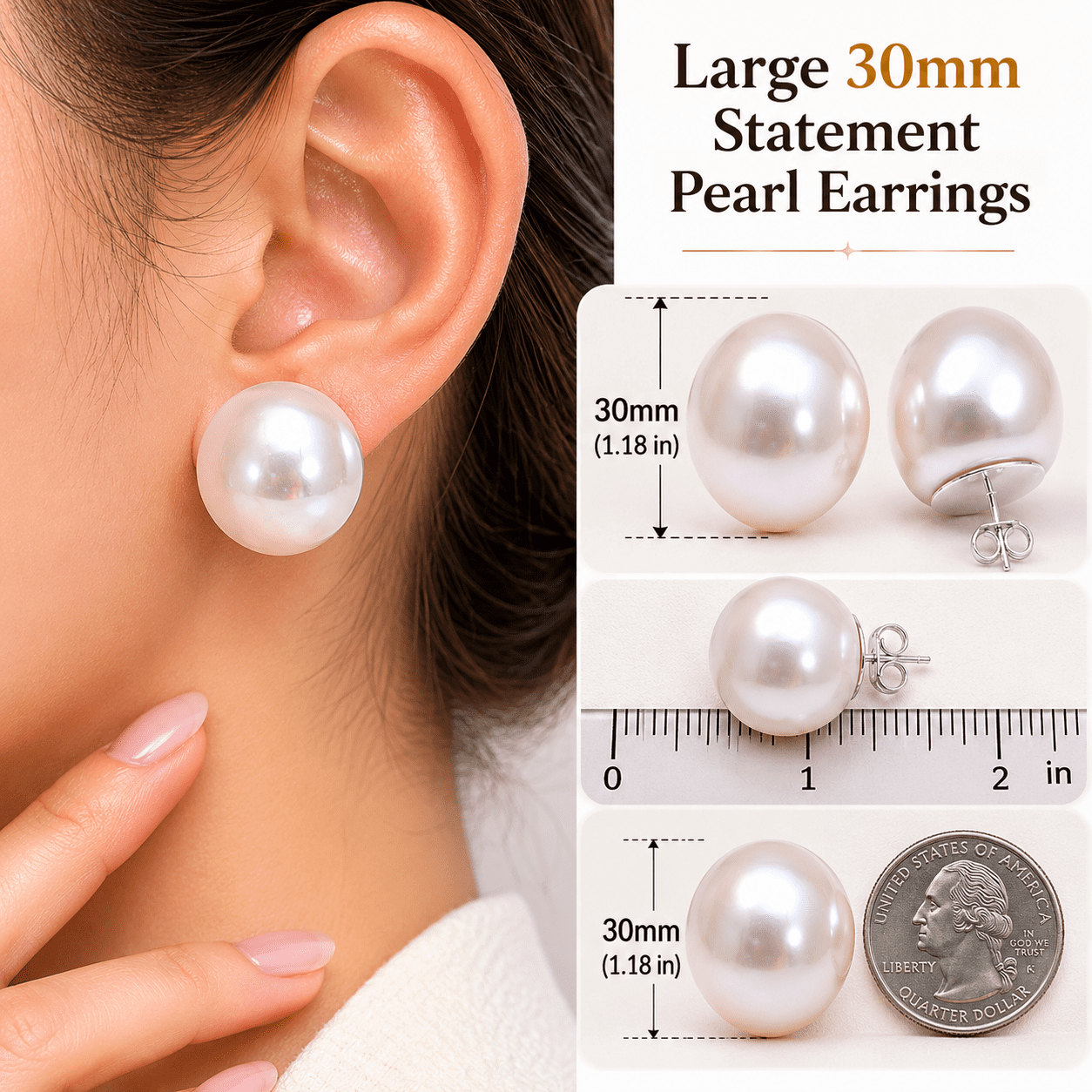 Femme Jam 925 Sterling Silver 30mm Button Freshwater Pearl Stud Earrings for Women, Large White Pearl Studs with Butterfly Back