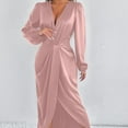 thumbnail image 4 of YueHuiYing Women's Solid Color Long Sleeve V-Neck Waist Split Formal Cocktail Wedding Guest Satin Dresses, 4 of 8