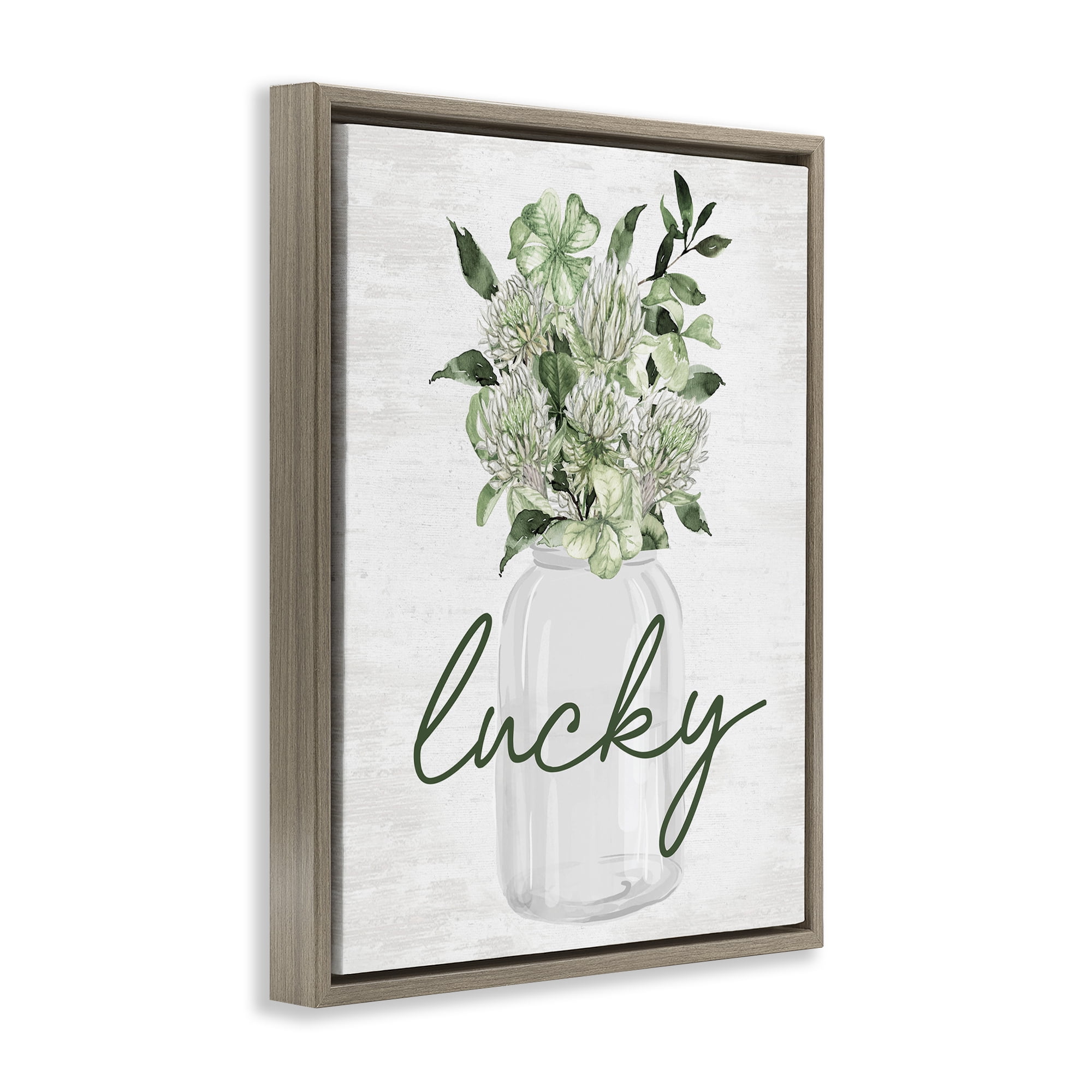 Stupell Industries Lucky Spring Shamrocks Botanical & Floral Painting Brown Floater Framed Canvas Art Print Wall Art, 25 x 31