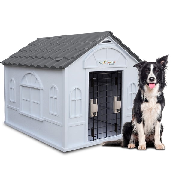 Casa para Perro Grande Exterior con Puerta metálica térmica con ventilación, Resistente a la Intemperie con Techo Triangular para Lluvia, Gris  98x84x82 cm