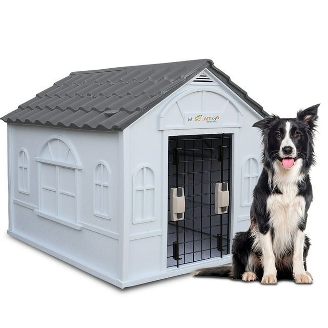 Casa para Perro Grande Exterior con Puerta metálica térmica con ventilación, Resistente a la Intemperie con Techo Triangular para Lluvia, Gris 98x84x82 cm