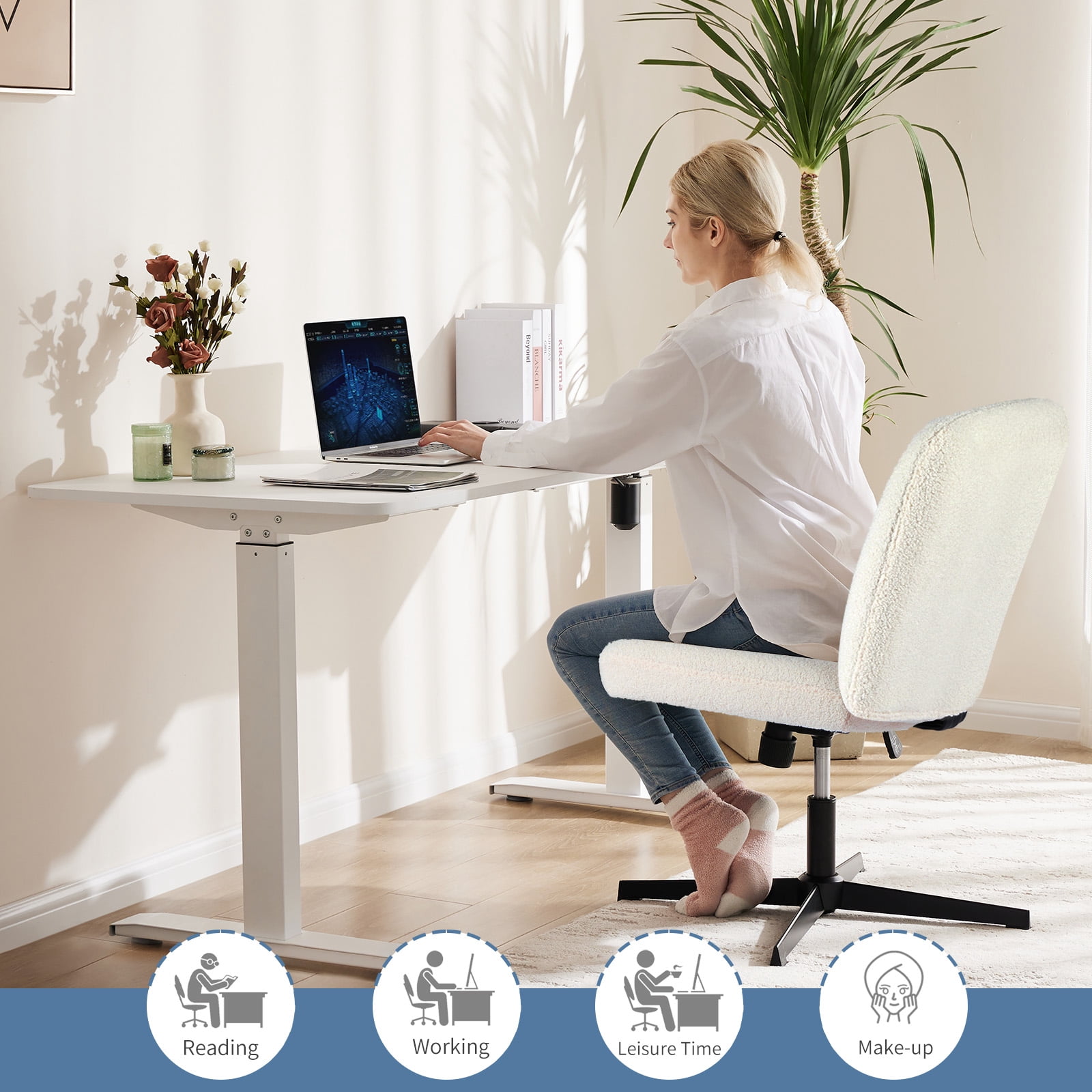 Cross-Legged Armless Swivel Chair without Wheels for Home Office