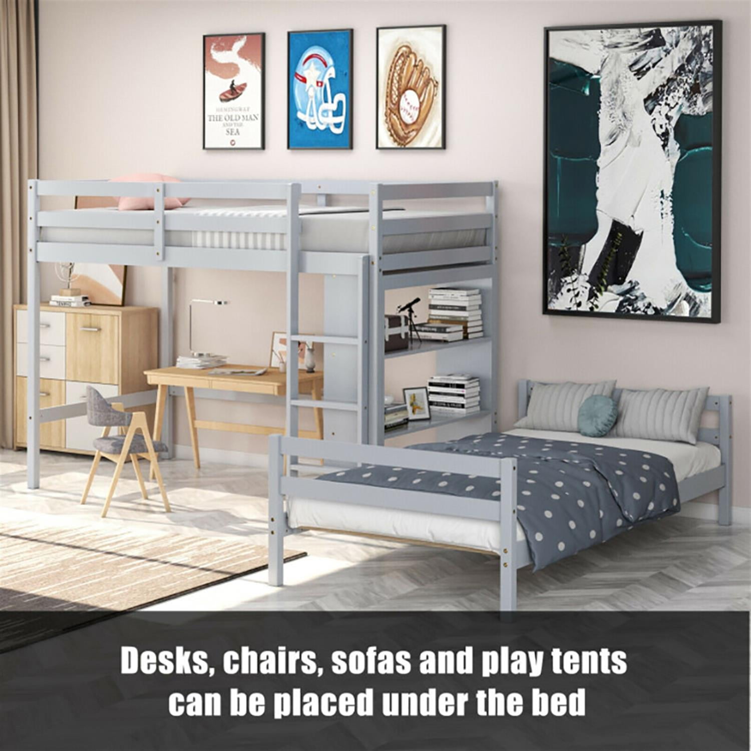 Demi Bonn Twin Over Twin Loft Bunk Bed with Bookcase, Twin Bunk Beds, Space-saving Solid Wood House Bed Frame, Gray