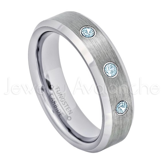 6mm Ladies Beveled Tungsten Ring - 0.21ctw Topaz 3-stone Band - Personalized Tungsten Wedding Ring - Custom Made November Birthstone Ring TN038BS