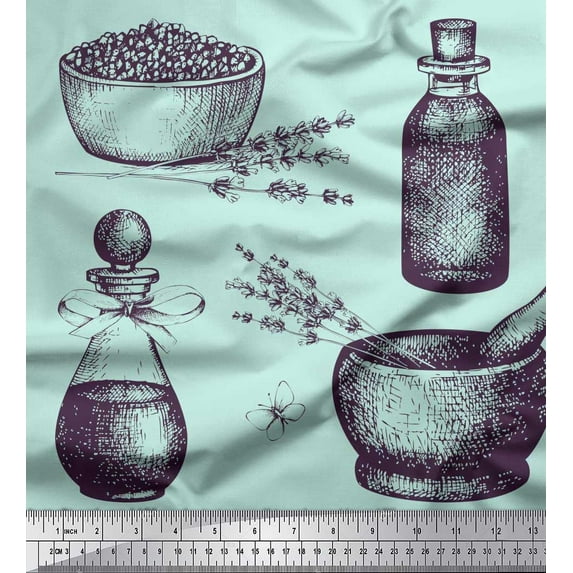 Soimoi Green Georgette Viscose Fabric Lavender,Bottle & Mortar And Pestle Kitchen Print Sewing Fabric Yard 42 Inch Wide