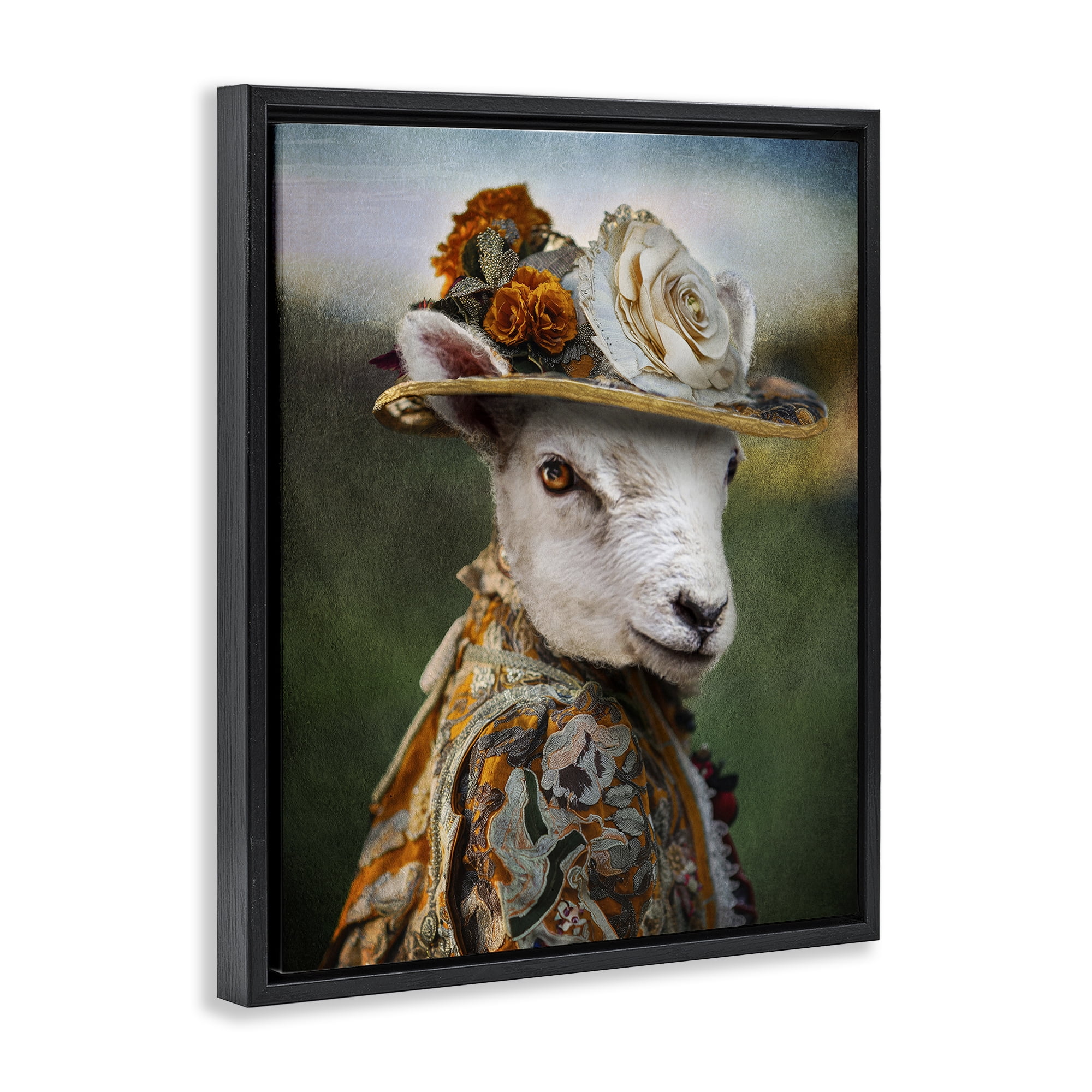Stupell Industries Fashionable Sheep Portrait Animals & Insects Painting Black Floater Framed Canvas Art Print Wall Art, 25 x 31