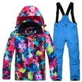 thumbnail image 1 of Xfvqtps Kids Ski Jacket and Pant Set Snowboarding Snowsuit Adjustable Drawstring Hooded Coat Colorful Print Adjustable Overalls Waterproof Windproof Winter Warm Ski Suits Blue, 1 of 5