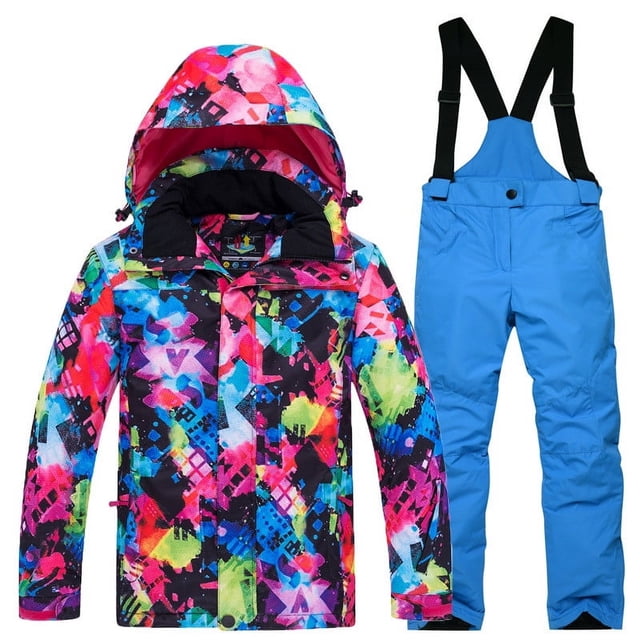 Xfvqtps Kids Ski Jacket and Pant Set Snowboarding Snowsuit Adjustable Drawstring Hooded Coat Colorful Print Adjustable Overalls Waterproof Windproof Winter Warm Ski Suits Blue