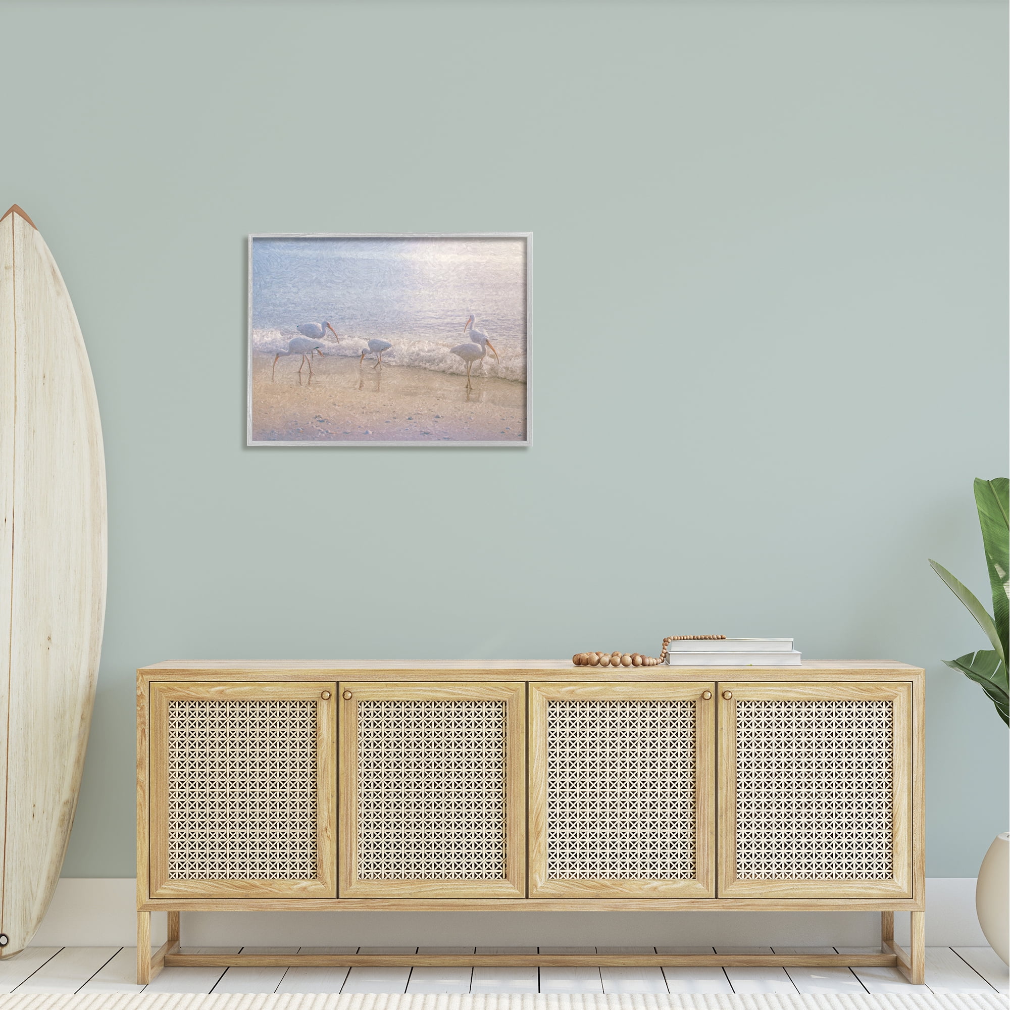 Stupell Seaside Waves Bird Flock Grazing Landscape Painting Gray Framed Art Print Wall Art