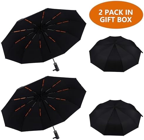 46 Inch Compact Umbrellas for Rain - Travel Small Umbrella - Automatic Folding Umbrella - Windproof Portable Umbrella, Double 10-rib (2 pack)black+black