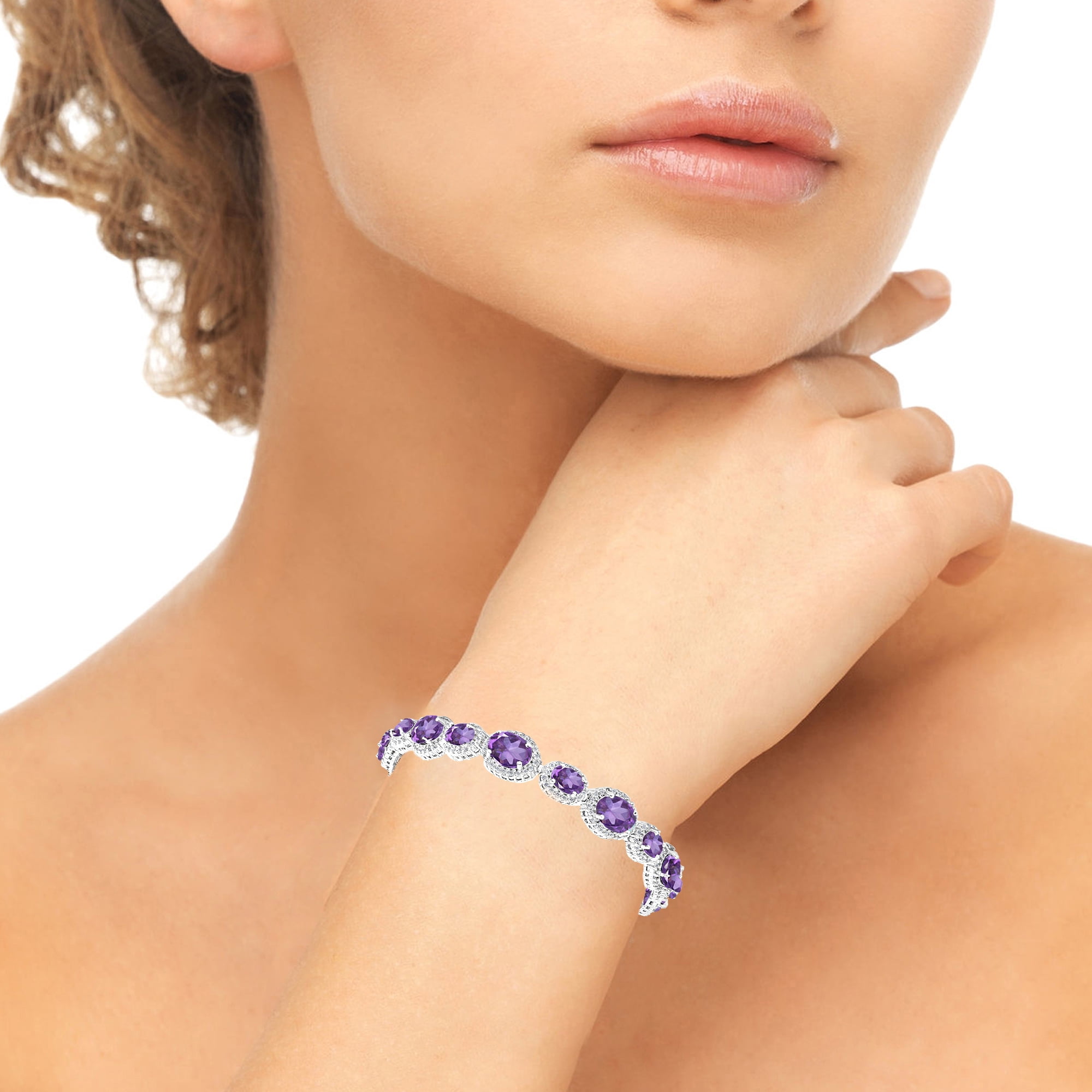 African Amethyst & White Topaz Oval Halo Bracelet in Sterling Silver