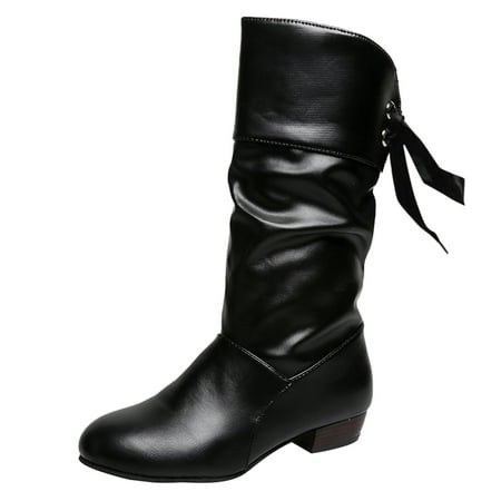 

eileial Women s Mid Calf Slouchy Boots Suede Pull On Low Heel Stacked Block Knee High Boots Round Toe Wide Calf Riding Booties Black 7
