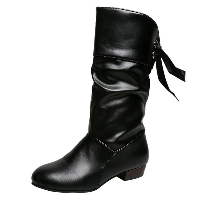 Kcodviy Bottes Mi-Hautes en Cuir pour Femmes, Couleur Unie Plissée, Nœud au Dos, Talon Épais Moyen pour Femmes, Mi-Hautes pour Femmes, Mi-Hautes pour Femmes