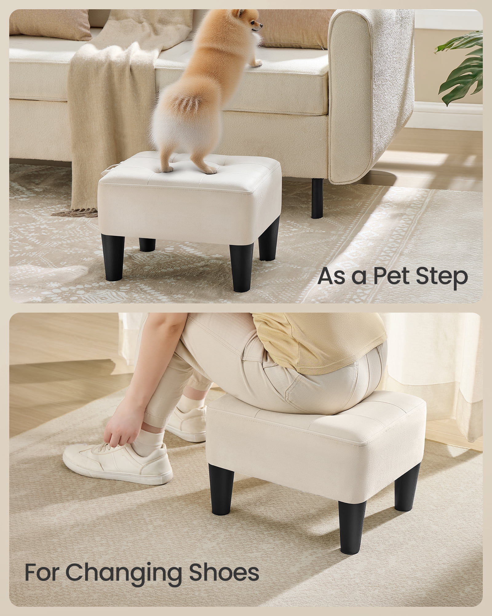 Small Velvet Ottoman Foot Stool with Angled Legs, Thick Foam Cushion, Hidden Storage & Carry Handle, for Living Room, Bedroom, Entryway, Cream White