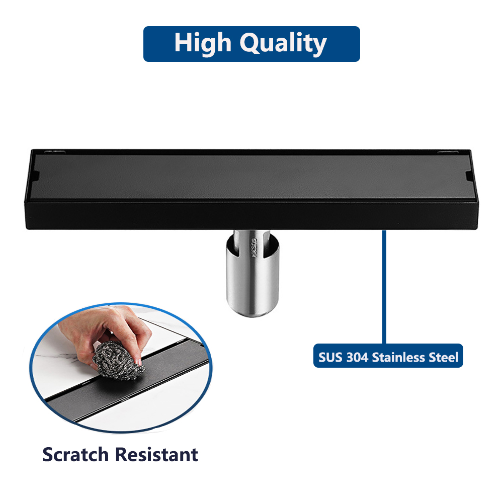 iMeshbean 24-Inch Linear Shower Drain with Tile Insert Grate,304 Stainless Steel Rectangle Shower Floor Drain,Shower Drain with Leveling Feet & Hair Strainer, Matte Black (24 Inch)
