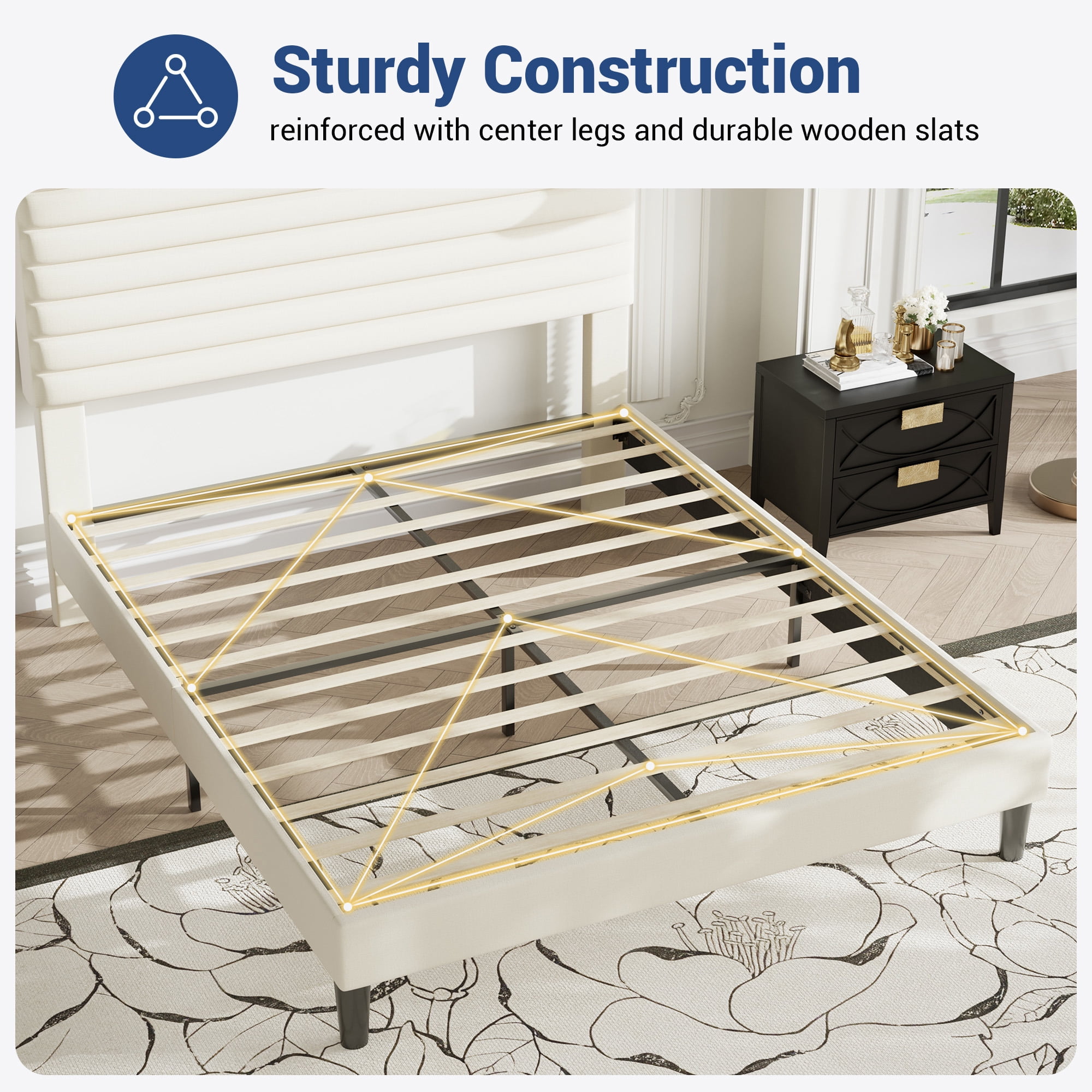 Allewie Full Size Adjustable Headboard Bed Frame with 7.9'' Underbed Storage, No Box Spring Needed, Cream White