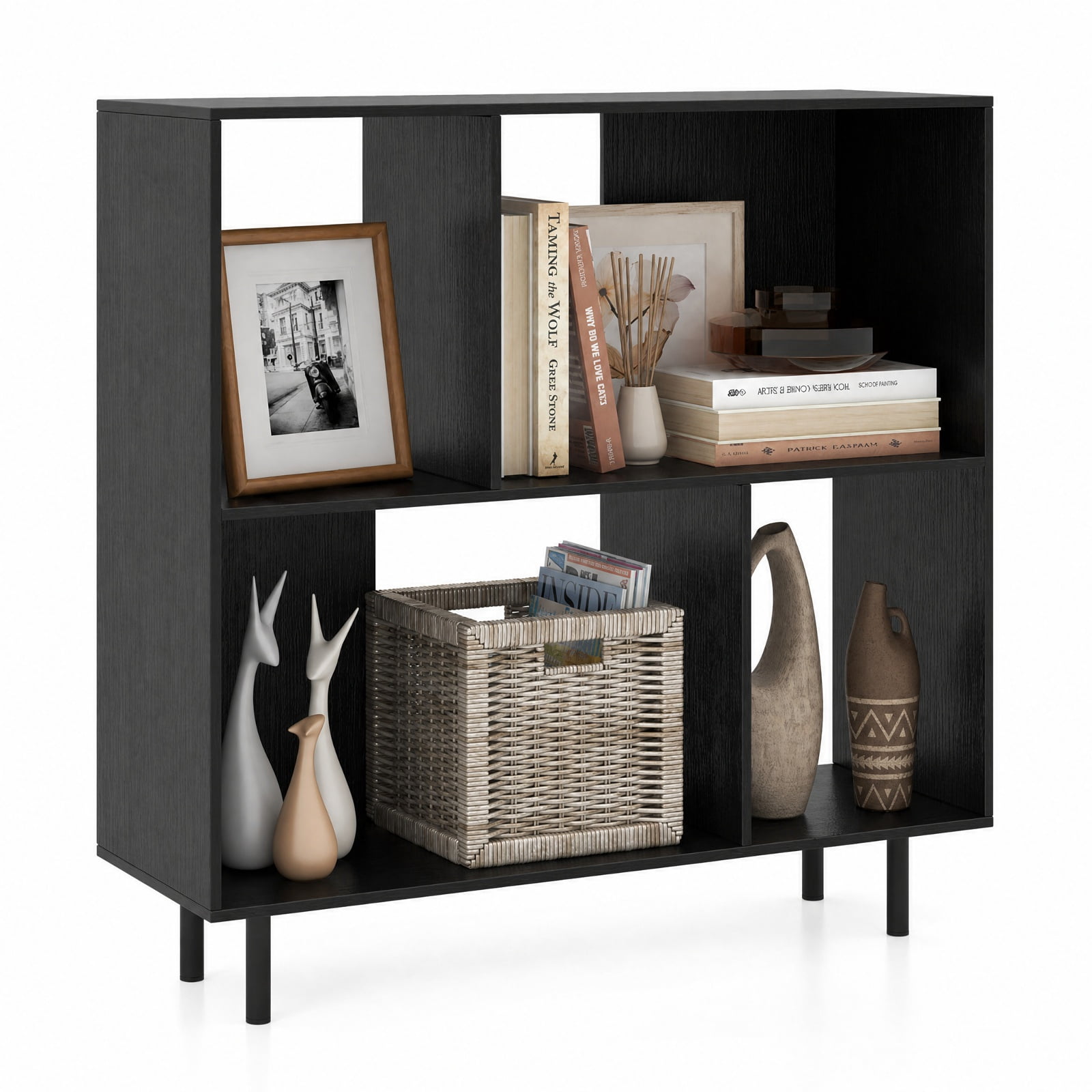 Furnibear Open Shelf Bookcase with 4 Compartments for Living Room Home Office Bedroom Display Storage Shelf, Black