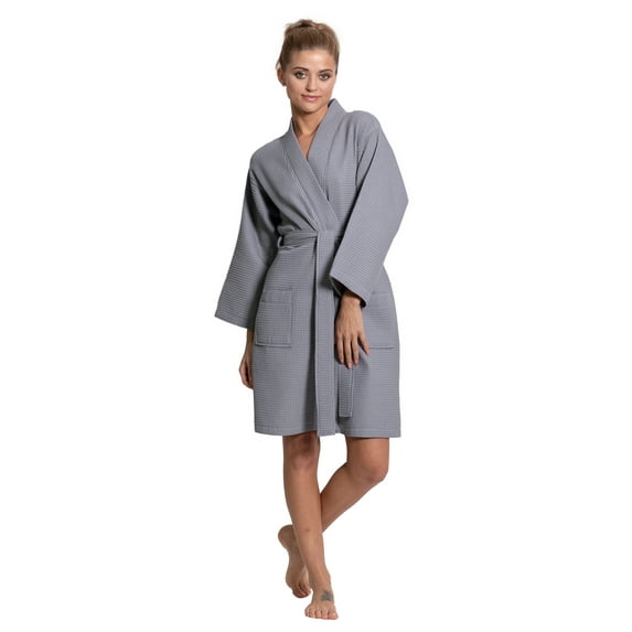 Turkuoise Linen Lightweight Knee Length Waffle Kimono Bath and Spa Robe Gray Medium