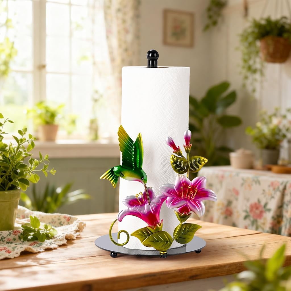 ThrottleT - Flower & Hummingbird Decor Paper Towel Roll Holder Countertop - Farmhouse Kitchen Decor and Accessories, Hummingbird Housewarming Gifts for Women Mom Grandma, Weighted Base