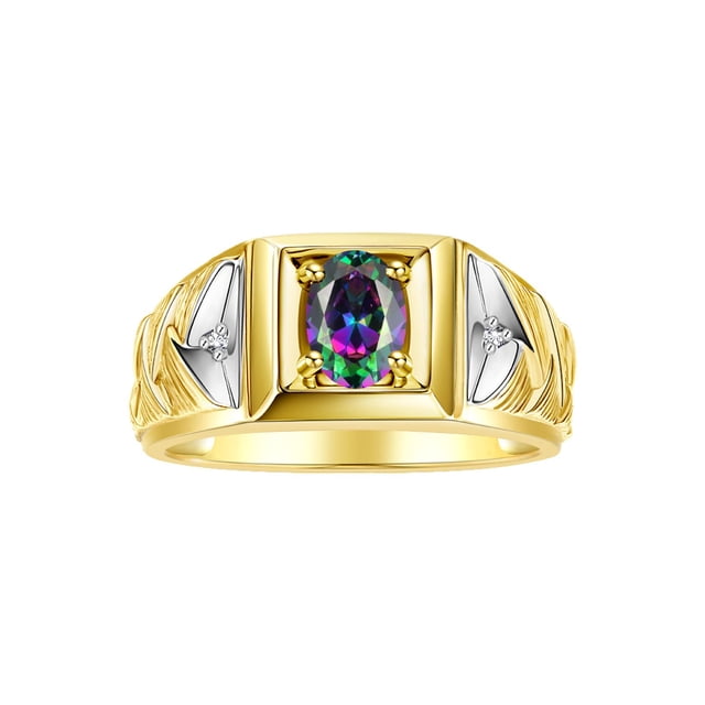 RYLOS Men's Rings 14K Yellow Gold Rings Designer Weave Band 7X5MM Oval Gemstone & Diamond Ring Alexandrite June Birthstone Rings For Men, Size 8