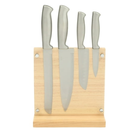 Oster Baldwyn 5-Piece Stainless Steel Knife Block Set with Wood Magnetic Stand – Countertop Display & Knives-Safe Storage