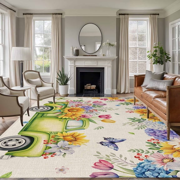 5'x7' Area Rugs for Living Room Bedroom, Spring Truck Floral Washable Rug Carpet Runner Indoor Outdoor, Watercolor Garden Flowers Butterflies Beige Non Slip Floor Mats Area Rug for Kitchen, Nursery
