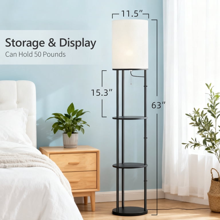 Foukus 63" Floor Lamp with 3-Tier Bookshelf, Black photo 6