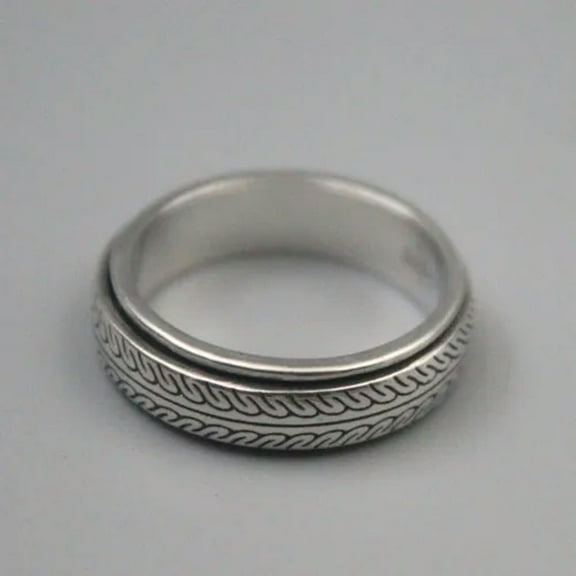 K-KED Pure 925 Sterling Silver Ring Men's Rotationally Carved Line Ring US Size 8-12-9