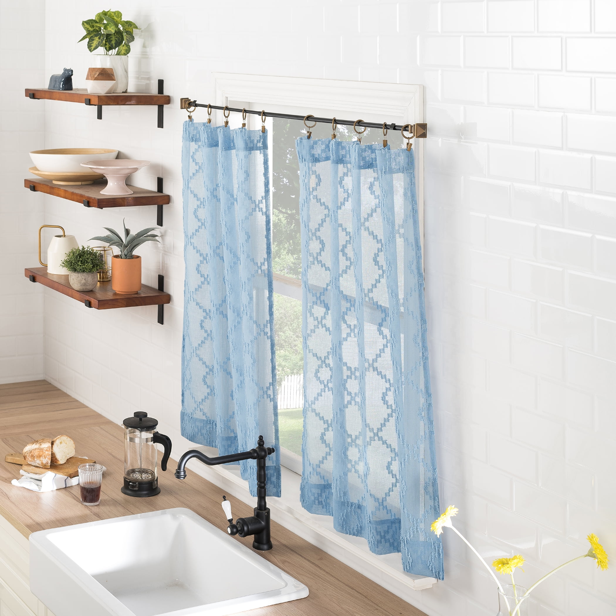 No. 918 Tina Geometric Clipped Semi-Sheer Rod Pocket Kitchen Curtains, 54"x24"
