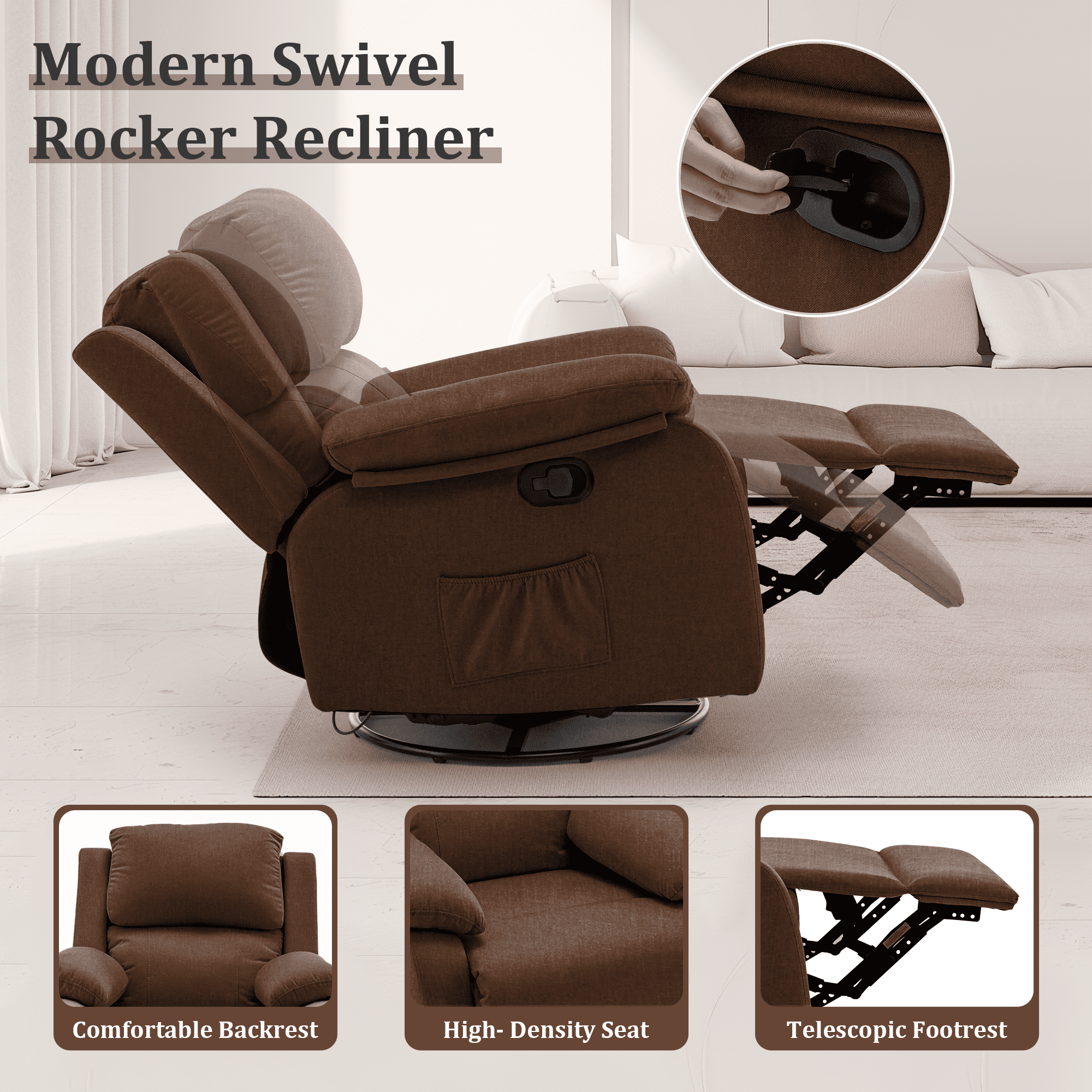 Korser Swivel Rocker Small Recliner Chair for Small Spaces for Living Room,Nursery,Brown