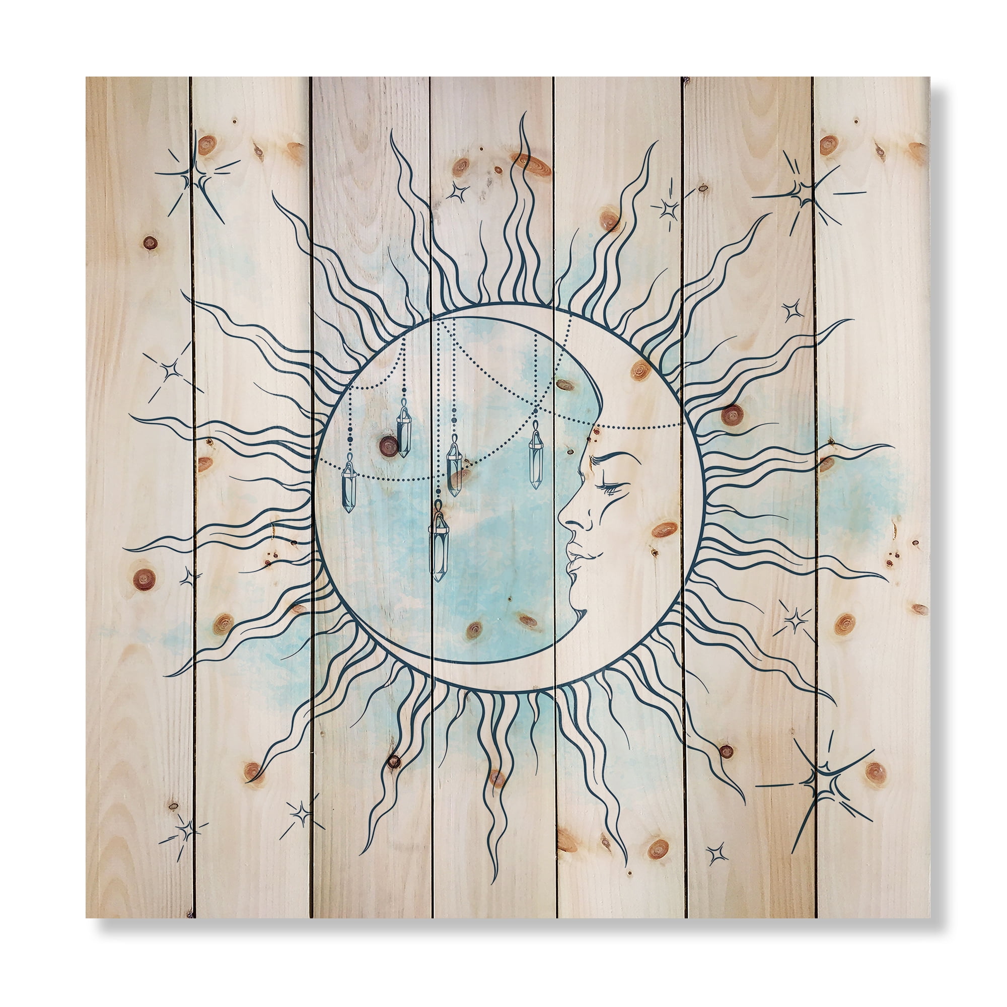 Designart 'Blue Crescent Moon With Stars and Moonstone Pendants' Bohemian & Eclectic Print on Natural Pine Wood