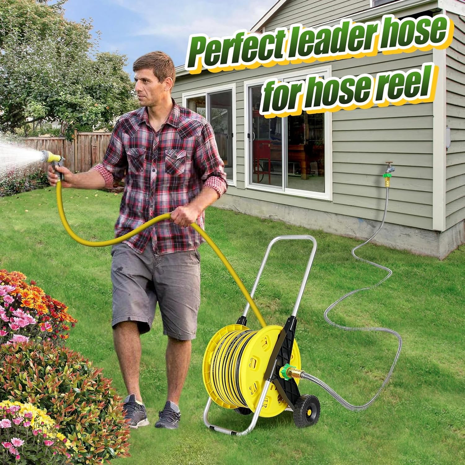 10FT Short Garden Hose Female to Female – Stainless Steel Leader Hose for Hose Reel, Kink-Free Flexible Metal Water Hose, Leakproof Heavy Duty for Outdoor Garden, Car, Pet Washing